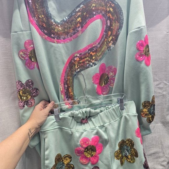 Simply Southern Pink and Gold Sequin Floral Top & Shorts Set - Picture 2 of 13